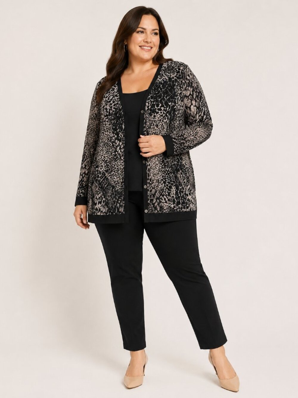 Susan Graver 2X Black Gray Animal Print Button Front Cardigan Sheer Stretch Plus